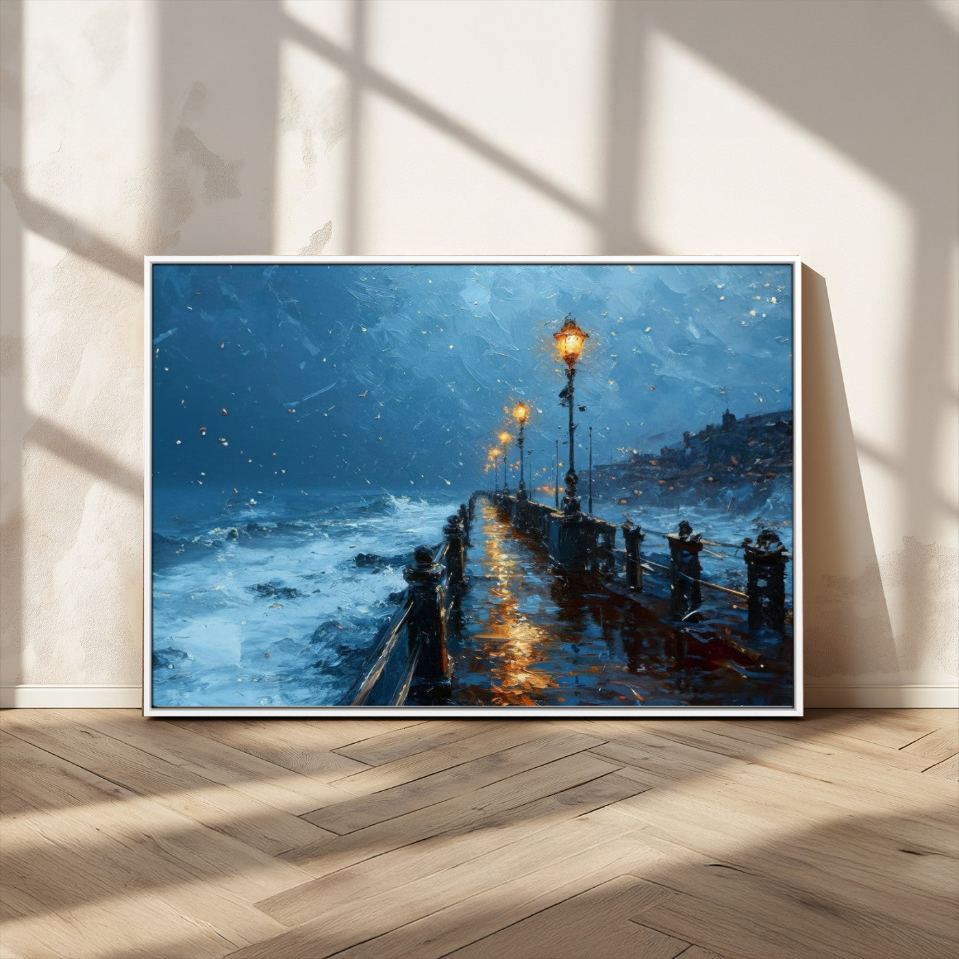 MGV-FC-36X24 - Stormy Night at Beach Pier Oil Painting Large Wall Art Print, Framed Canvas Nature Wall Decor,