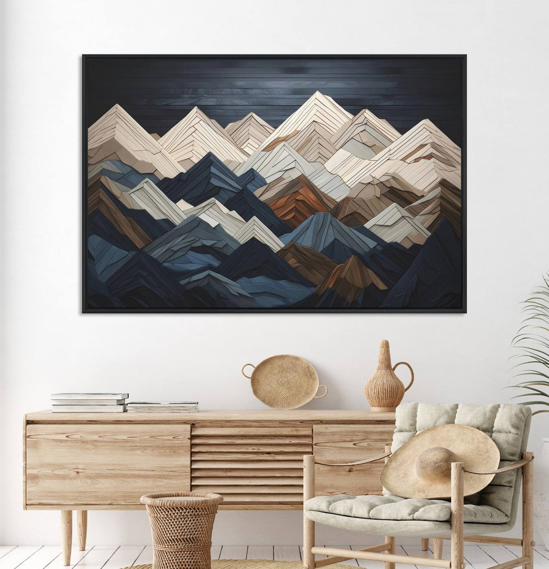 A modern living room features a Mountain Canvas Print.