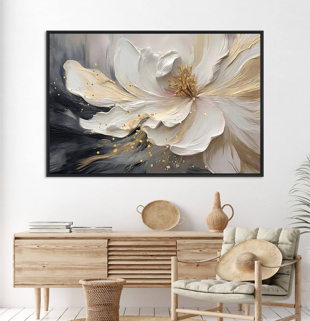 Elegant White and Gold Floral Triptych Canvas Art, a modern textured flower painting for home or office decor, features a blurred gray background.