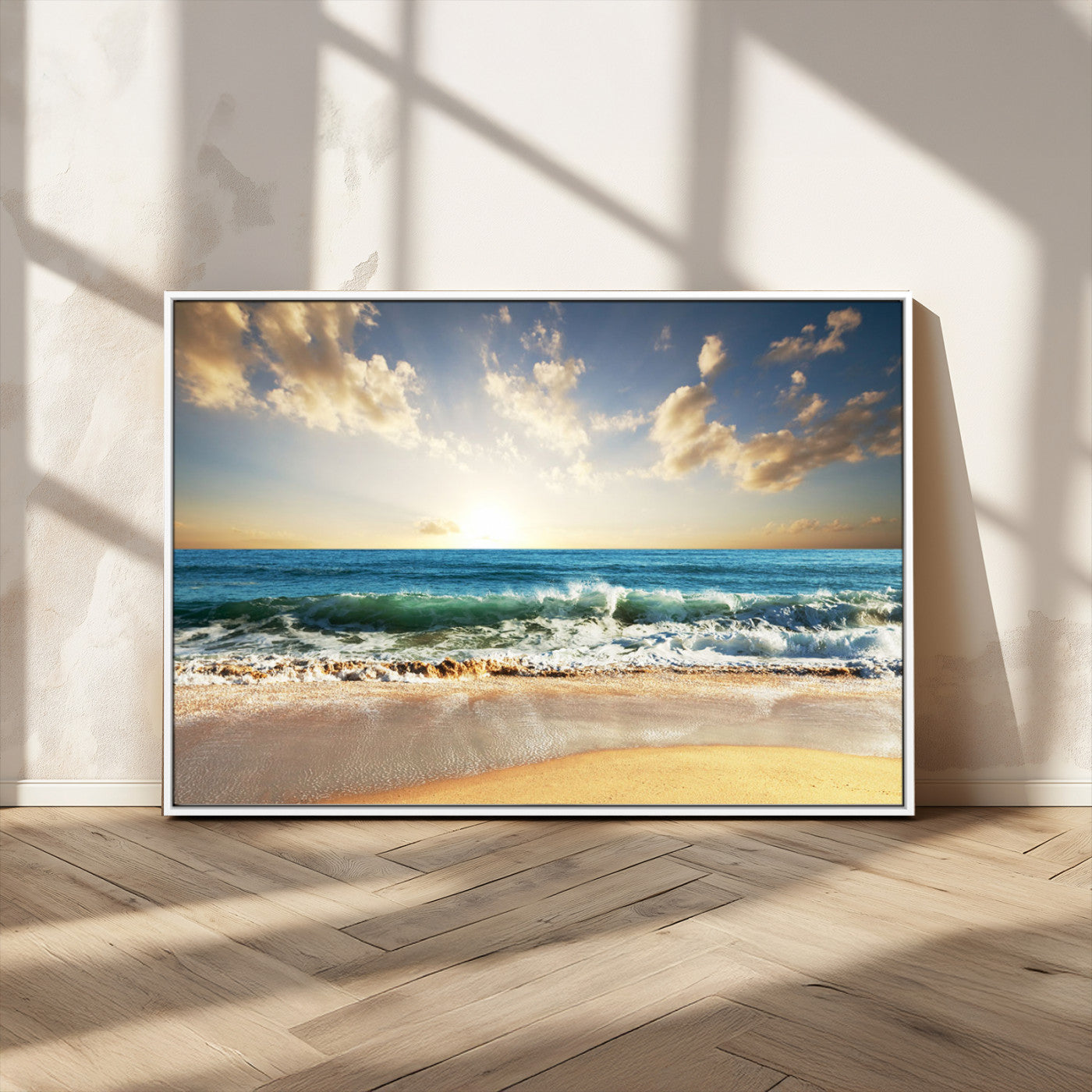 MGV-FC-36X24 - Golden Sunset Beach Triptych Canvas Wall Art for Living Room – 3-Panel Ocean View, Framed & Ready to