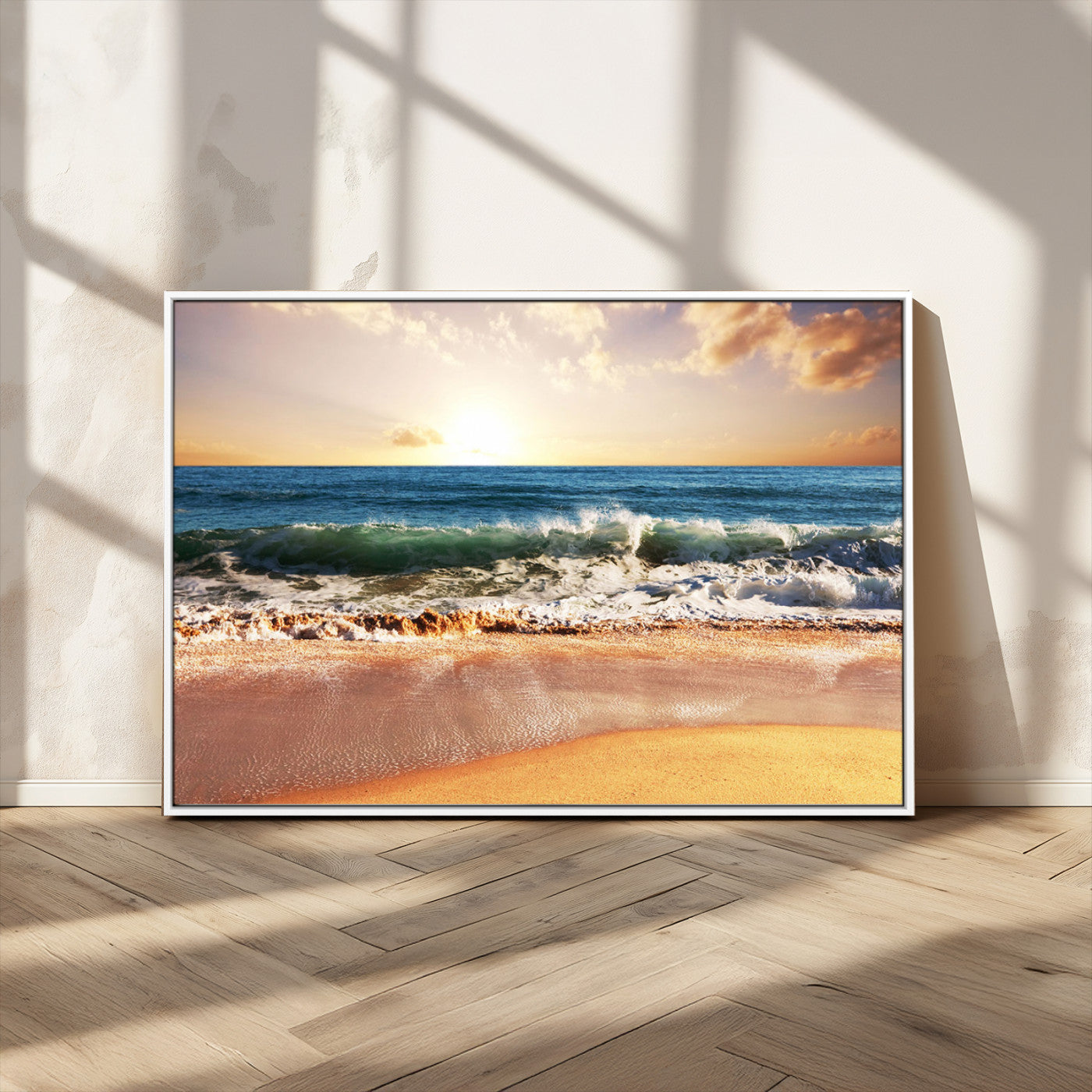 MGV-FC-36X24 - Sunset Beach Wall Art - 3-Panel Framed Canvas Print, Ready to Hang Ocean Sunset for Coastal and