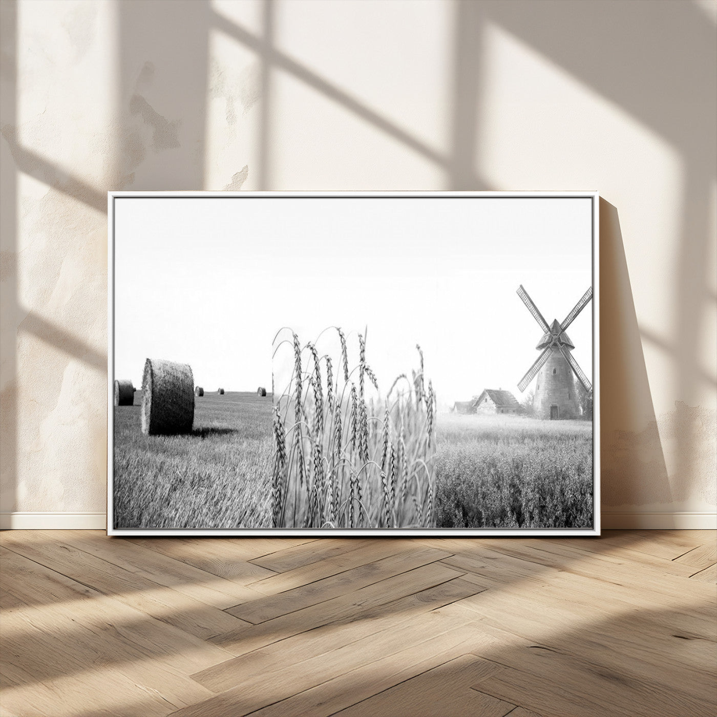 MGV-FC-36X24 - Vintage Farmhouse Black and White Triptych Wall Art – Giclee Canvas Featuring Wheat Fields, Hay