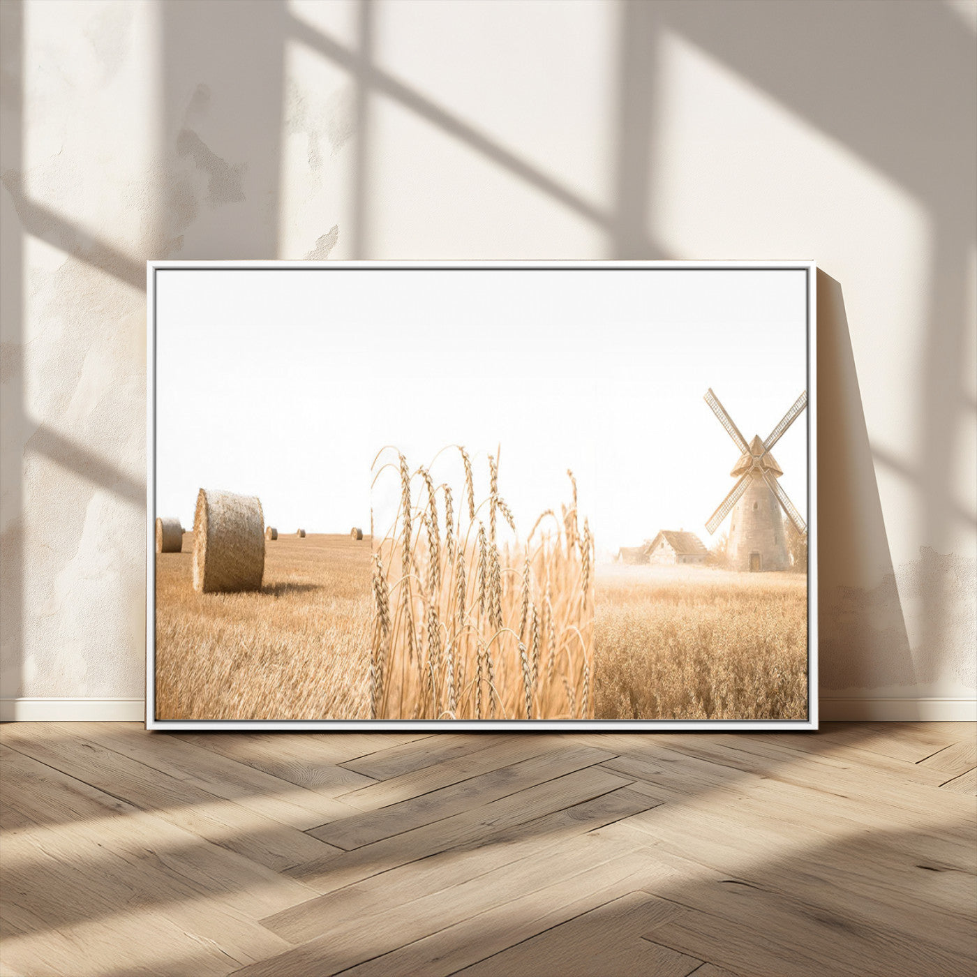 MGV-FC-36X24 - Vintage Farmhouse Triptych Wall Art – Giclée Canvas Featuring Wheat Fields, Hay Bales, and a