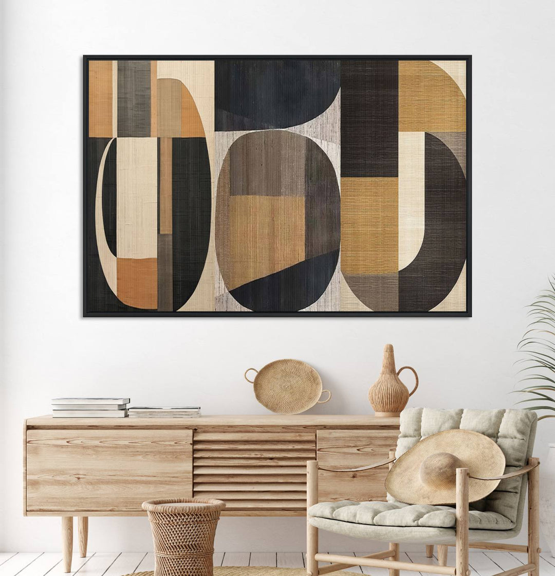 Framed Wabi Sabi Art Print: A modern minimalist geometric canvas featuring earthy tones and overlapping rounded shapes. Ready to hang.