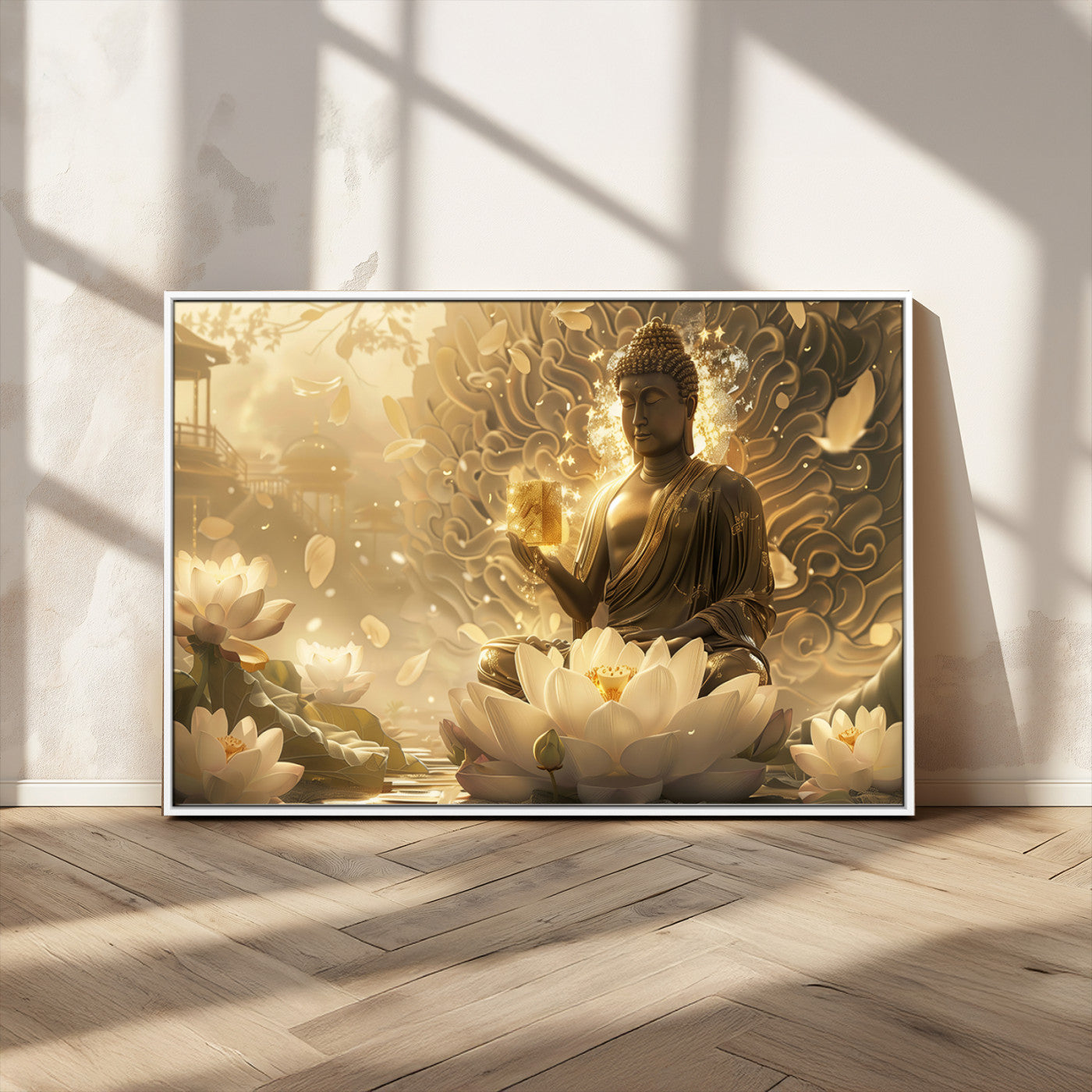 MGV-FC-36X24 - Golden Buddha Wall Art | Yoga Room Decor and Meditation Room Wall Art | Framed and Ready to Hang