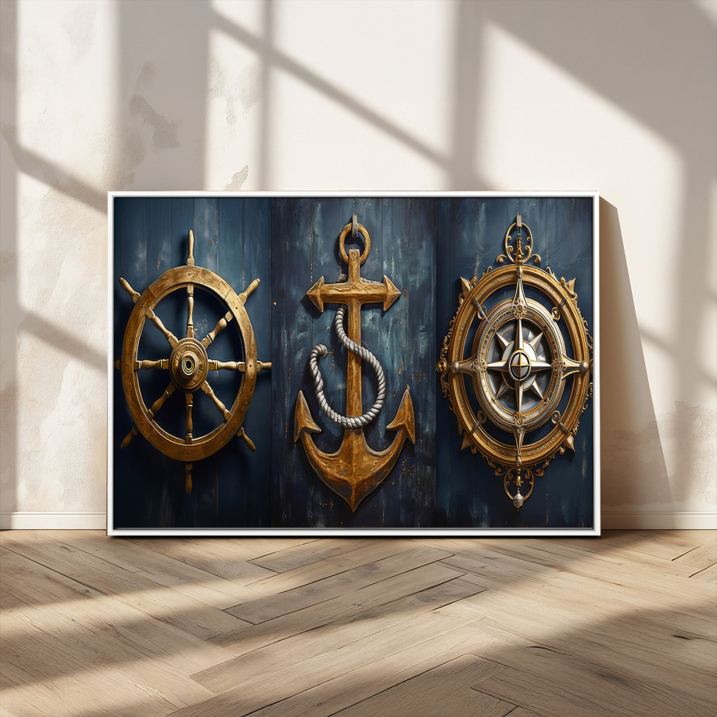 MGV-FC-36X24 - Boat Anchor Compass With Rope Wall Art Canvas Print | Beach House Wall Art