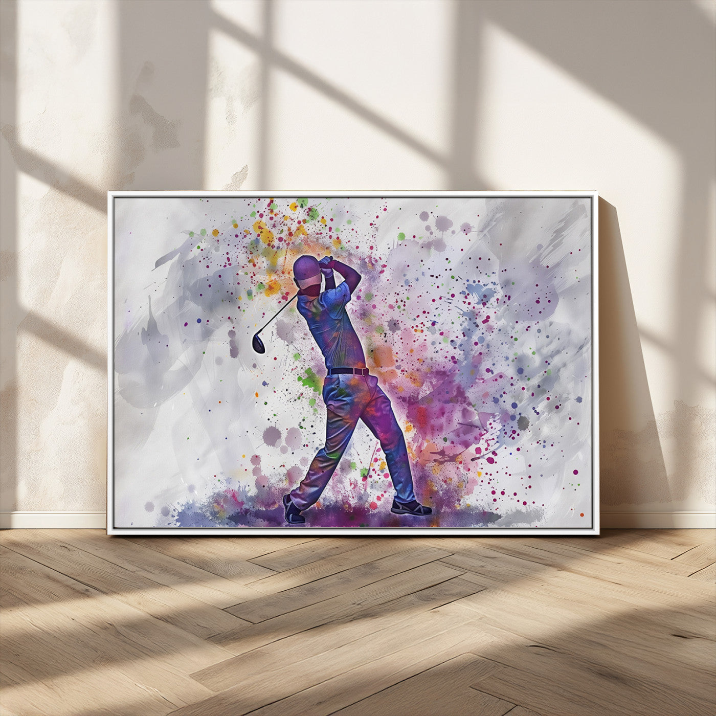 MGV-FC-36X24 - Watercolor Golf Swing Wall Art Canvas Print | Vibrant Abstract Golf Player Silhouette |