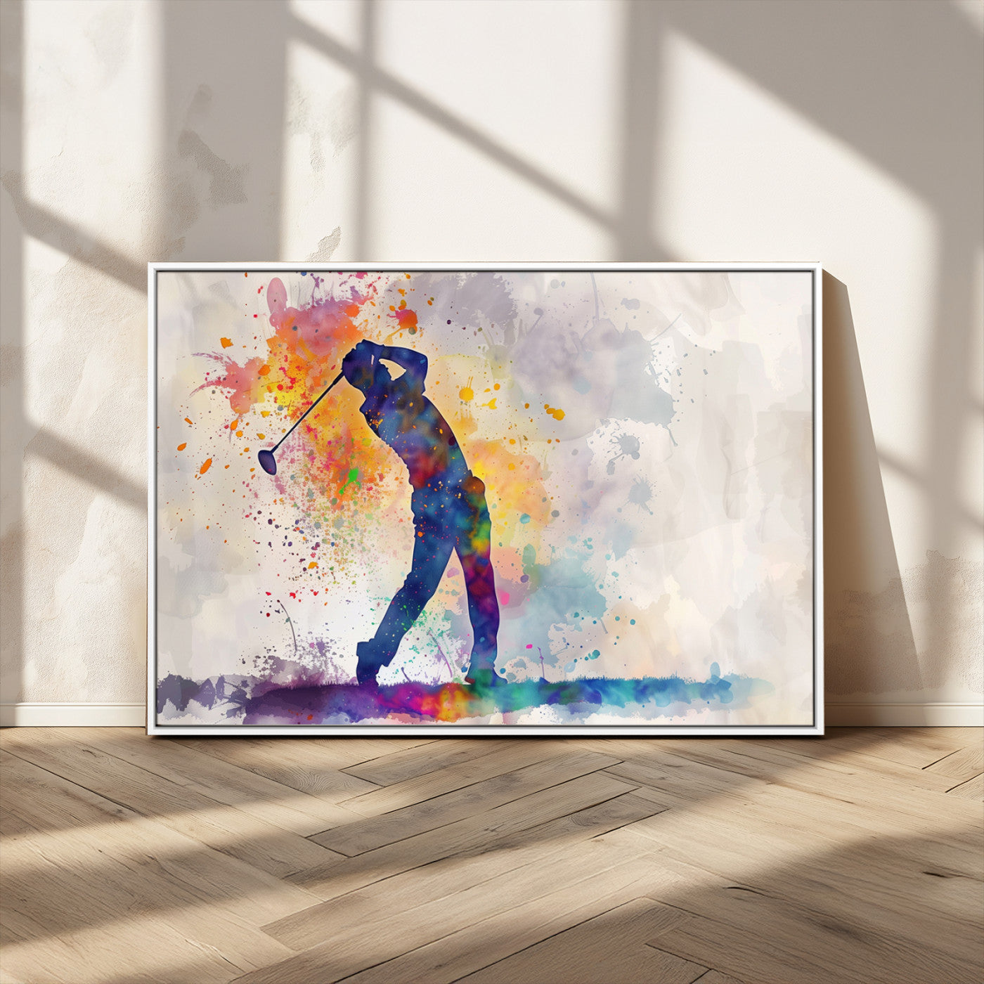 MGV-FC-36X24 - Watercolor Golf Swing Wall Art Canvas Print | Vibrant Abstract Golf Player Silhouette |