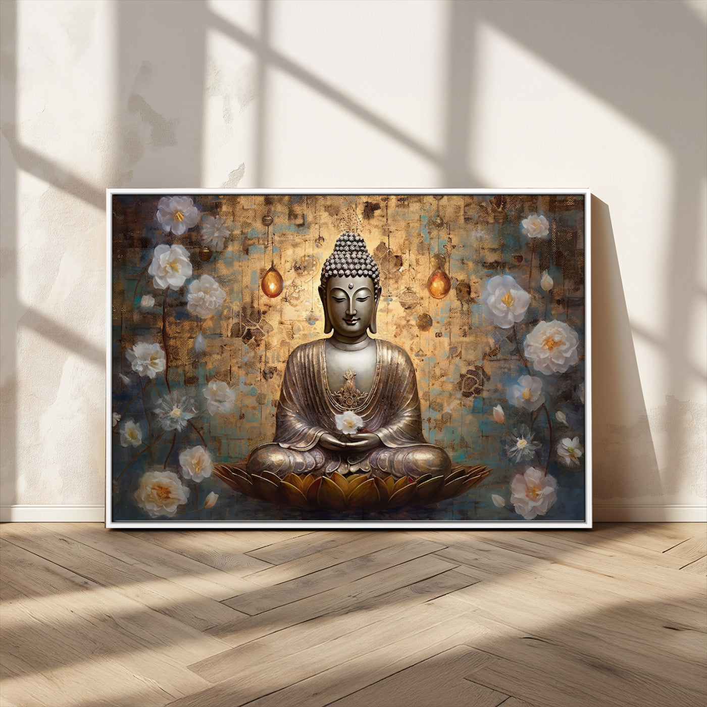 MGV-FC-36X24 - Golden Buddha Wall Art Canvas Print | Zen Meditation Floral Decor | Tranquil Spiritual Home Art |