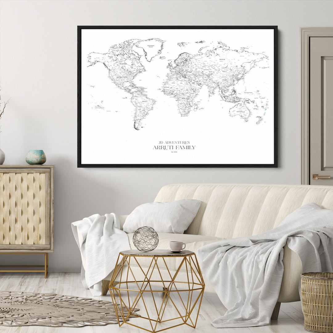 Personalized World Map Wall Art Canvas Print - Custom Push Pin Travel Map Canvas - Framed Map Print for Travel Lover Gift