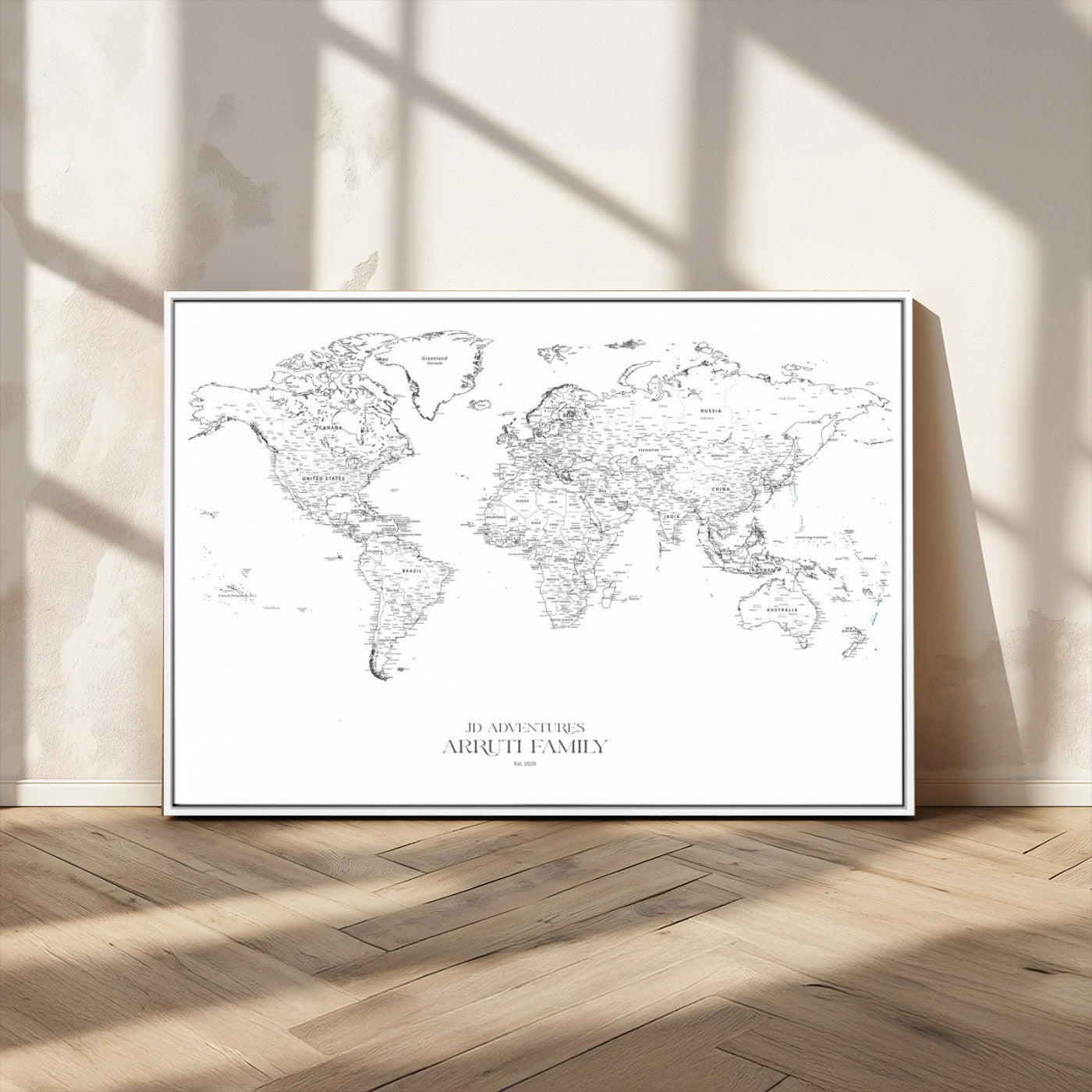 MGV-FC-36X24 - Custom World Map Wall Art – Personalized Framed Canvas Print with Push Pins for Travel Tracking,