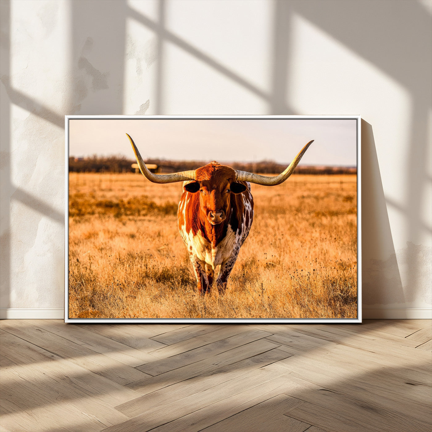 MGV-FC-36X24 - Longhorn Cow Wall Art | Ready to Hang Framed Canvas Print for Farmhouse and Barn Decor