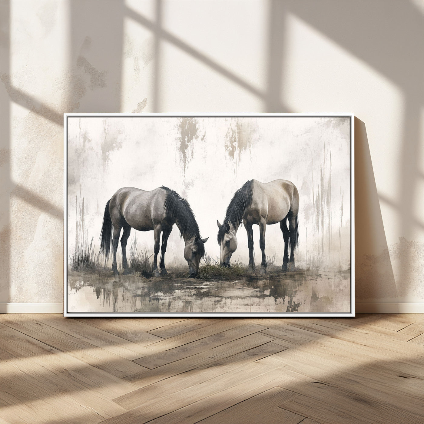 MGV-FC-36X24 - Chines Ink Style Vintage Horses Wall Art Canvas Print for Farmhouse Wall Decor