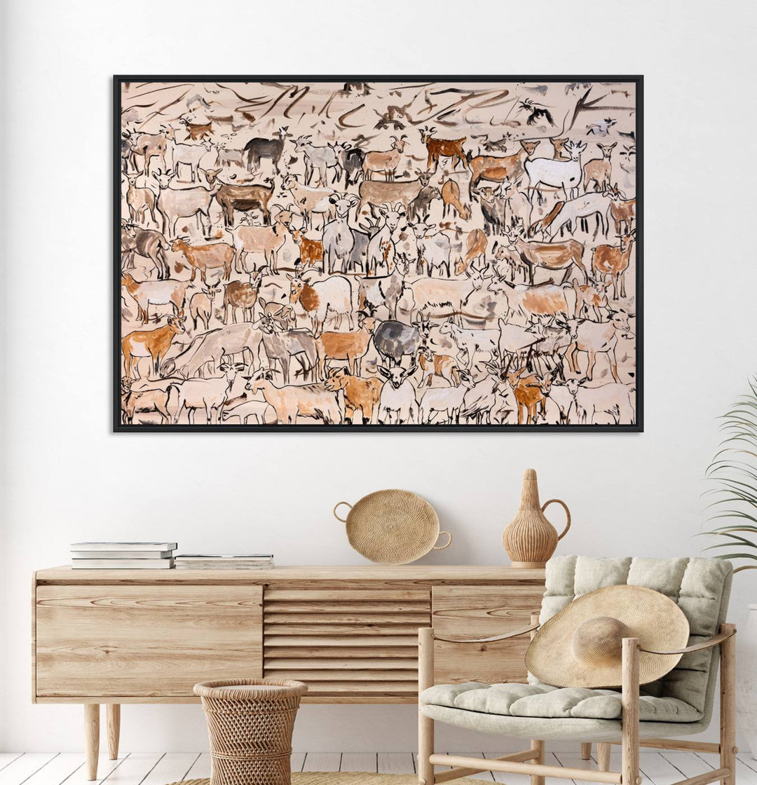 Framed Goat Herd Wall Art in minimal brush strokes on a beige backdrop, ideal for farmhouse or cabin decor.