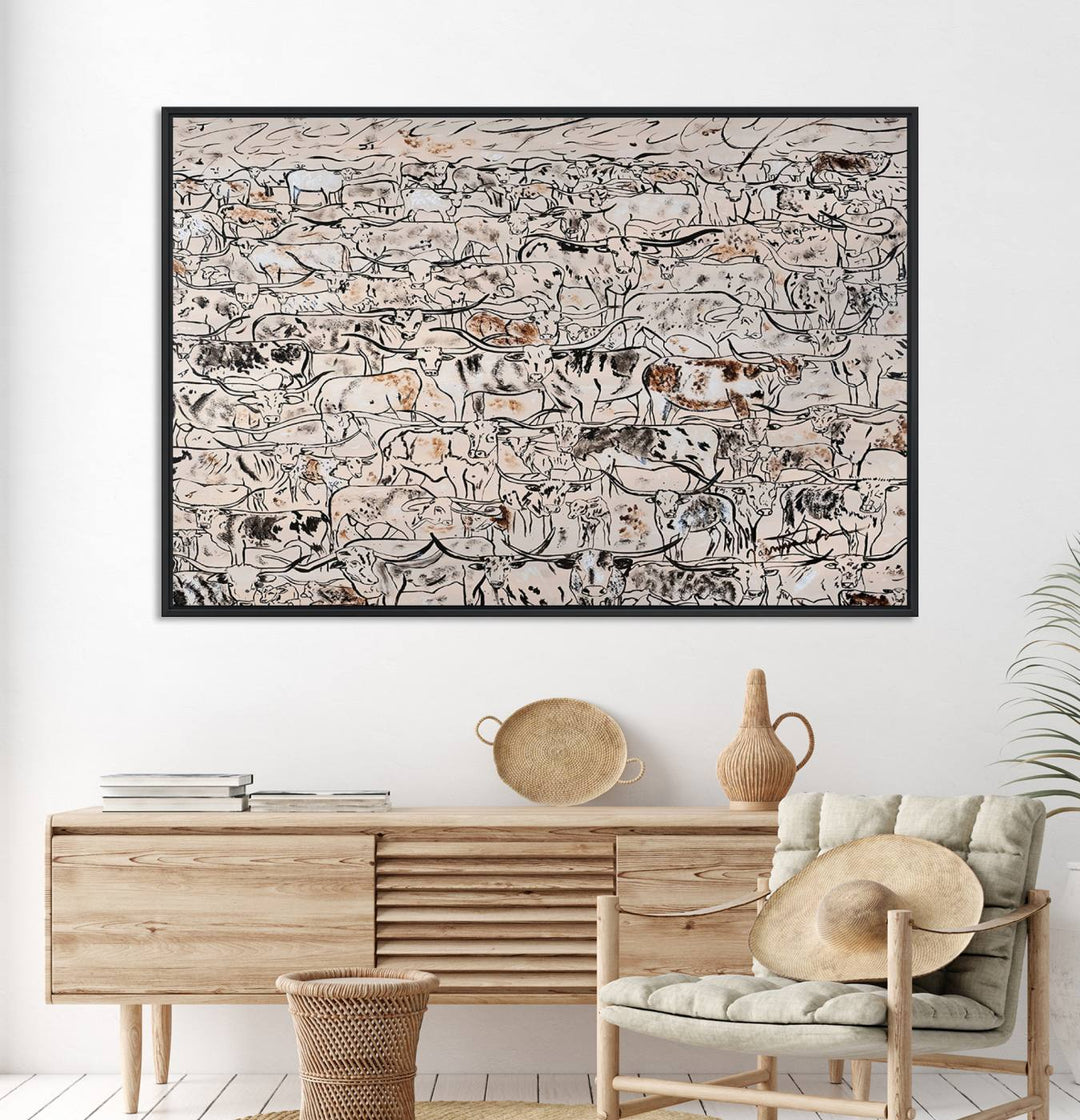 The dining room features a rustic decor highlighted by the Cattle Herd Wall Art.