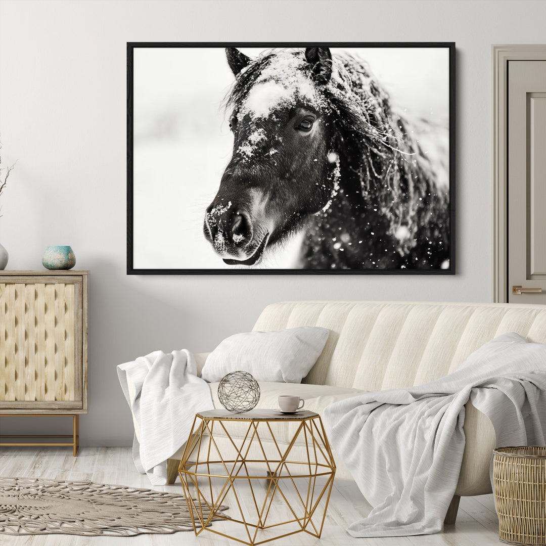 The wall art is a Black and White Horse piece, framed and ready to hang.