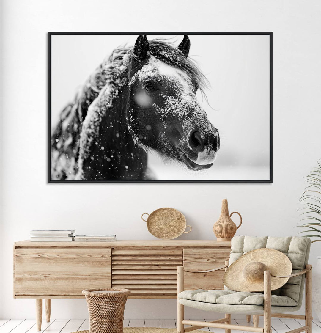 A large 3-panel rustic farmhouse wall art showcases a black and white winter horse canvas print against a snowy backdrop.