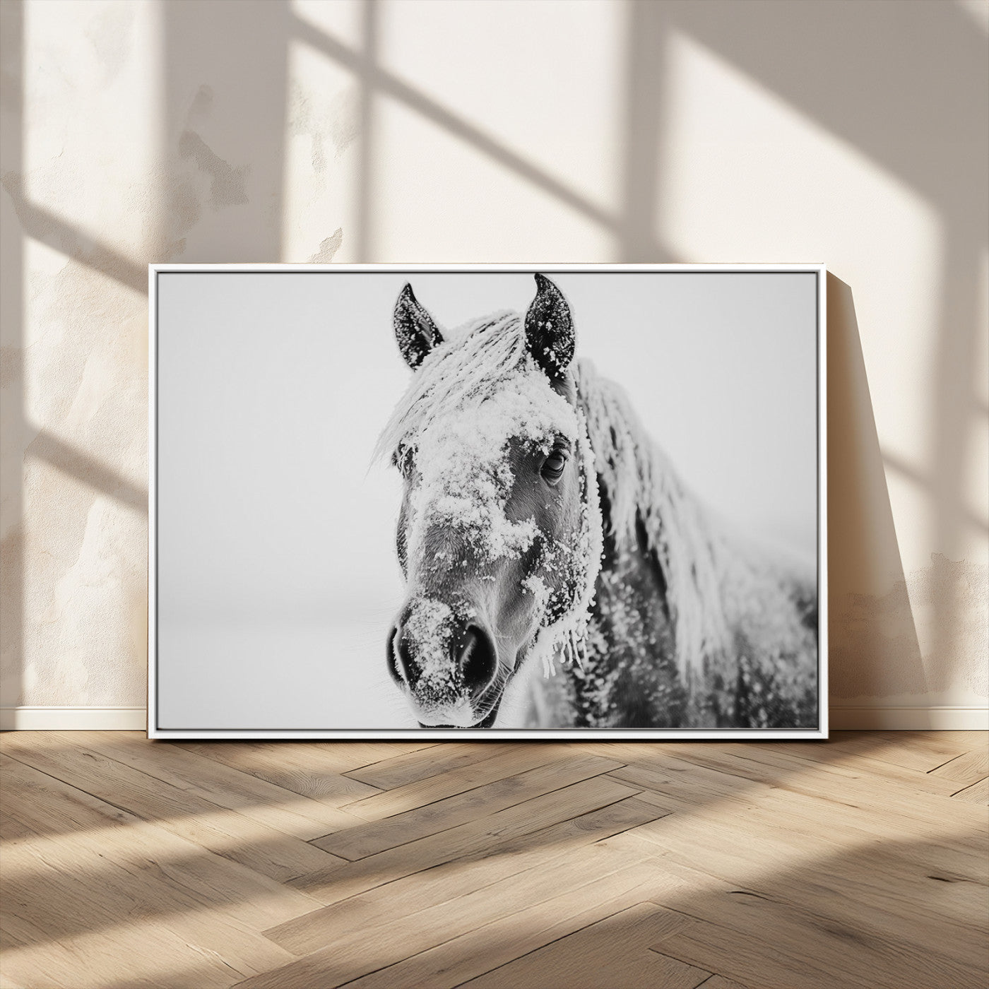 MGV-FC-36X24 - White Horse Wall Art | Ready to Hang and Framed | Winter Horse Wall Art Print for Farmhouse and