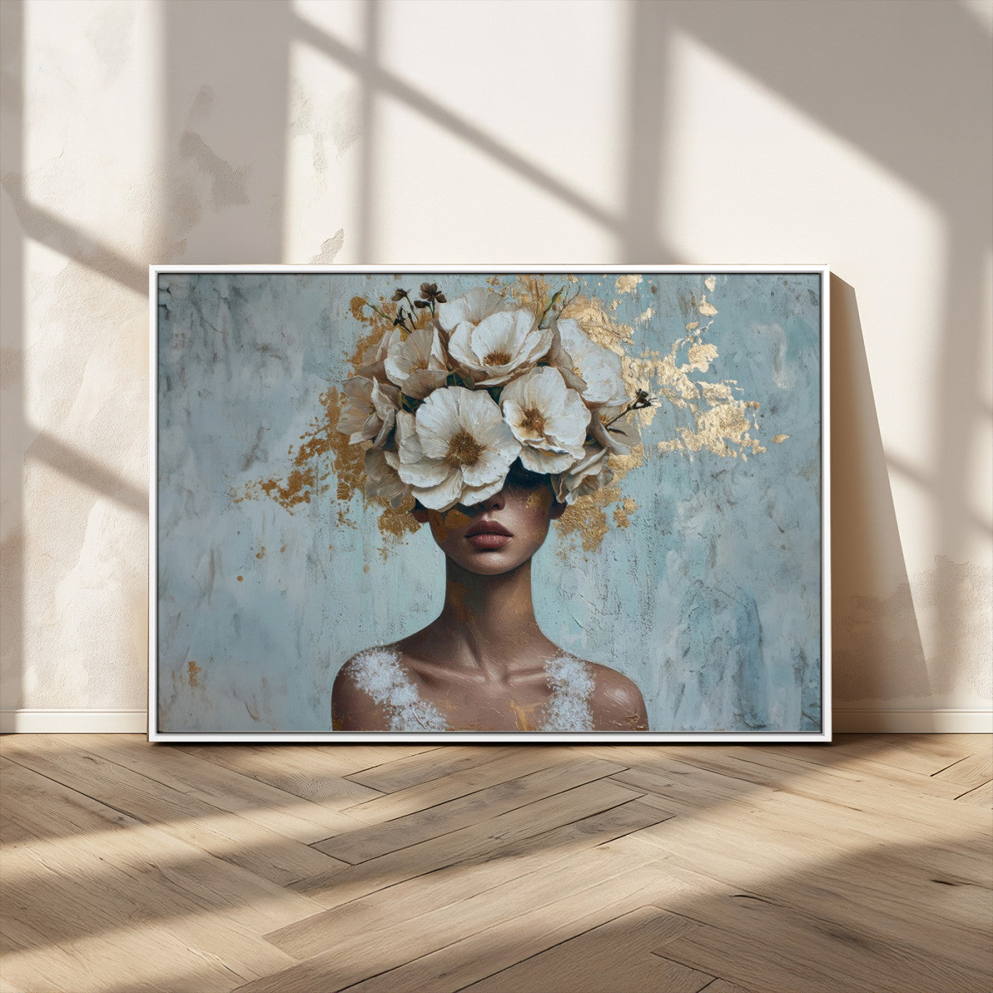 MGV-FC-36X24 - Golden Petal Wall Art - Petal Silhouette Woman Wall Art Canvas Print | Large 3-Panel Canvas with