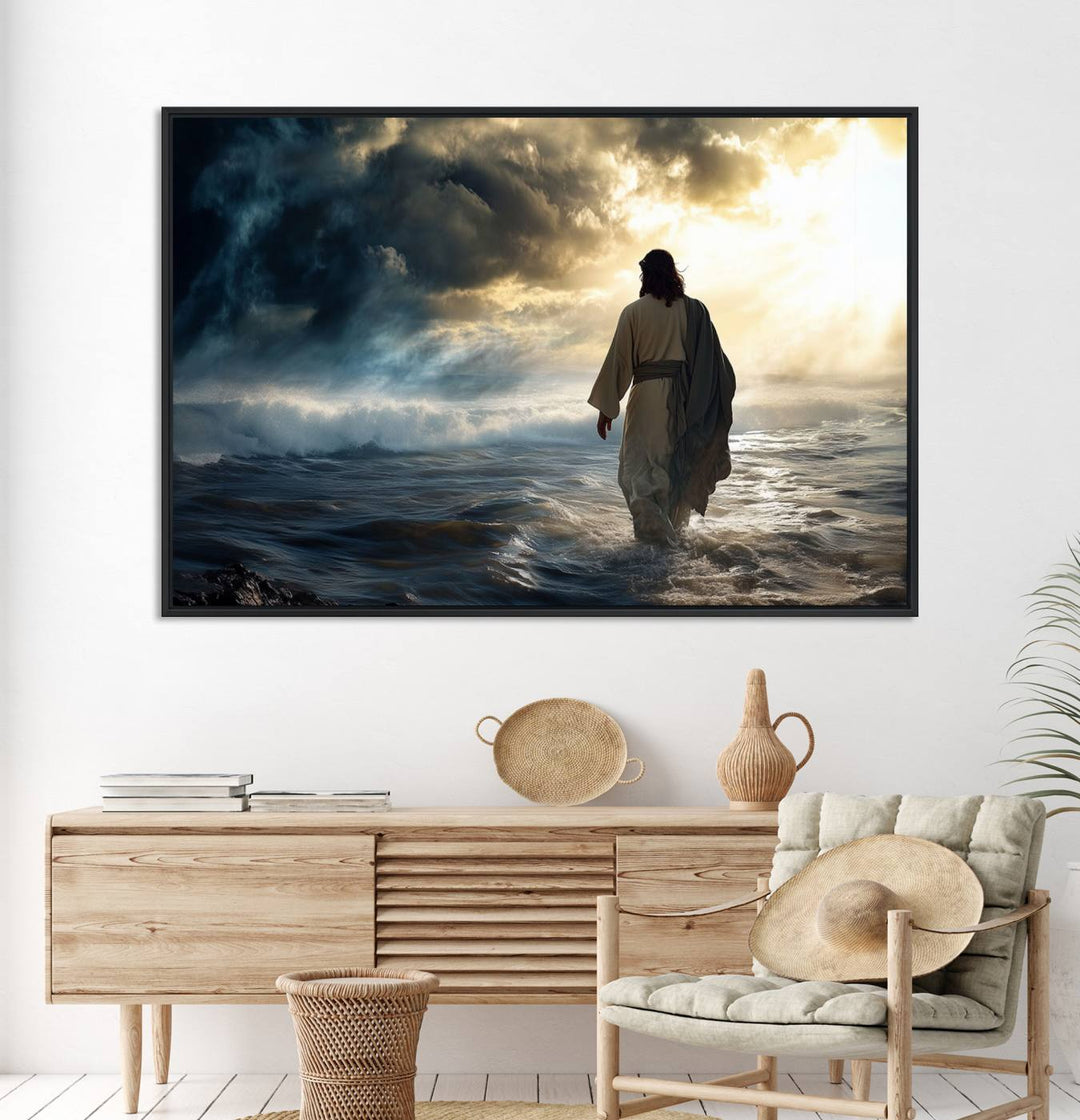 A dramatic sky serves as the backdrop for the Jesus Walking on Water wall art, a perfect piece for Christian home decor.