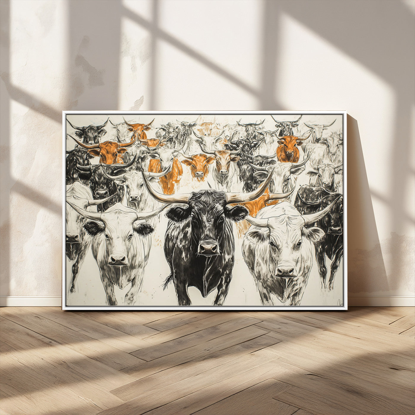 MGV-FC-36X24 - Texas Longhorn Wall Art - Herd Canvas Wall Art Print - Abstract Cow Drawing Wall Art Print for