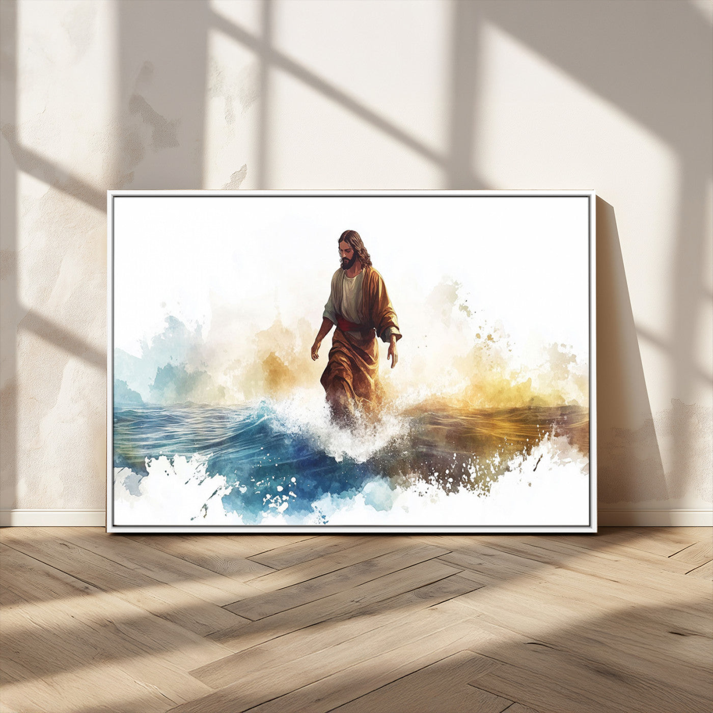 MGV-FC-36X24 - Watercolor Jesus Walking Wall Art Print, Jesus Water Canvas Print, Christian Wall Art, Jesus Christ