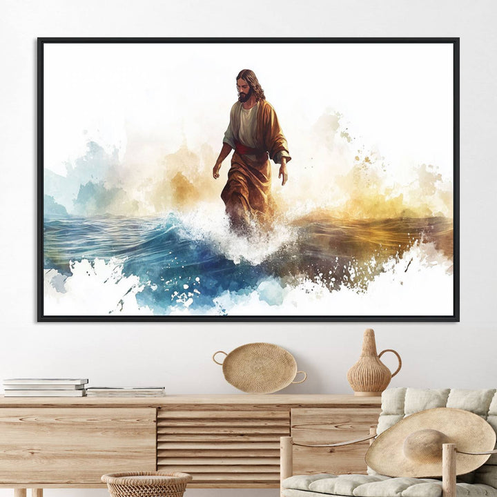 This watercolor canvas print depicts Jesus walking, characterized by abstract splashes against a serene background. It serves as a beautiful piece of Christian wall art.