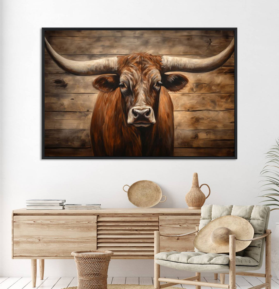 Longhorn Bull Canvas Print: Rustic Farmhouse Decor, Ready to Hang Western Barn Art.