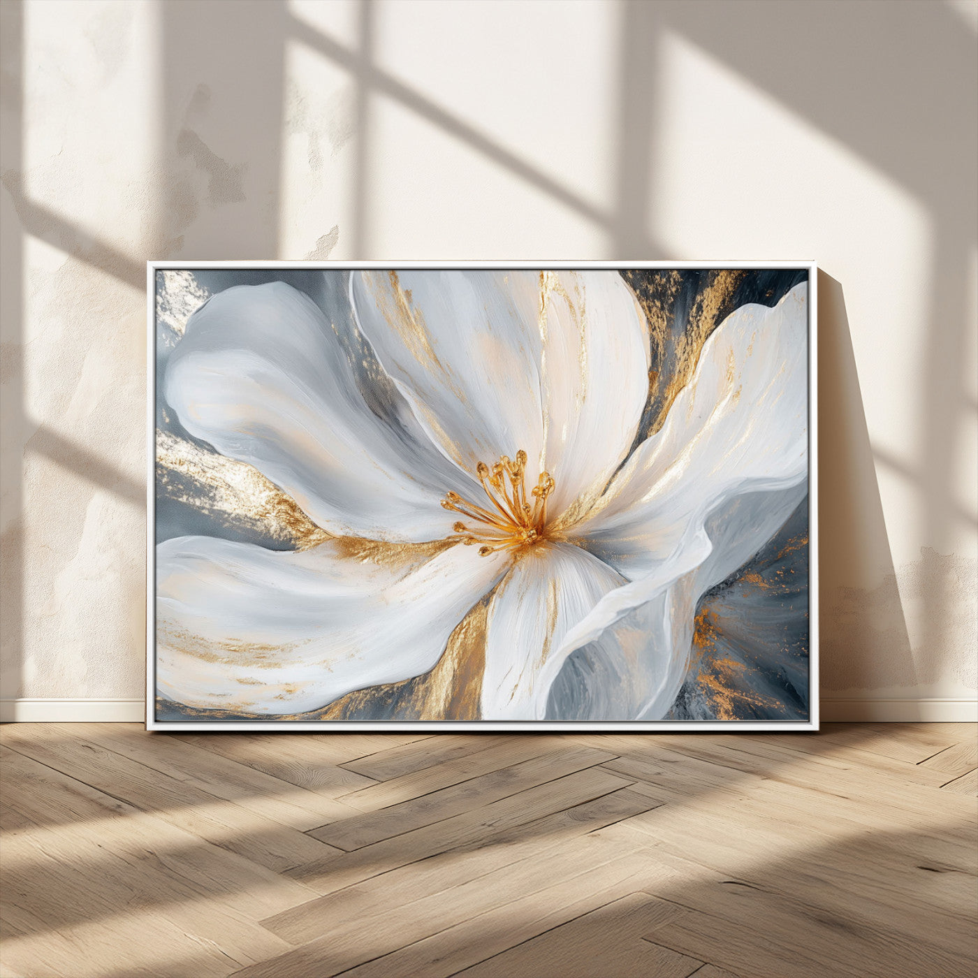 MGV-FC-36X24 - White and Gold Floral Canvas Wall Art - Framed and Ready to Hang - Perfect for Modern Living Rooms