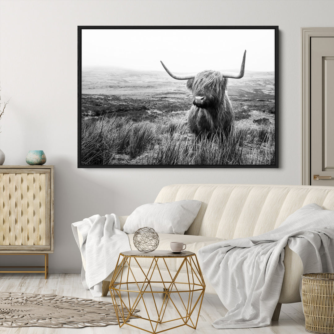 Scottish Highland Cow Wall Art | Black and White Canvas Print | Ready to Hang and Framed | Rustic Farmhouse Wall Decor for Living Room or