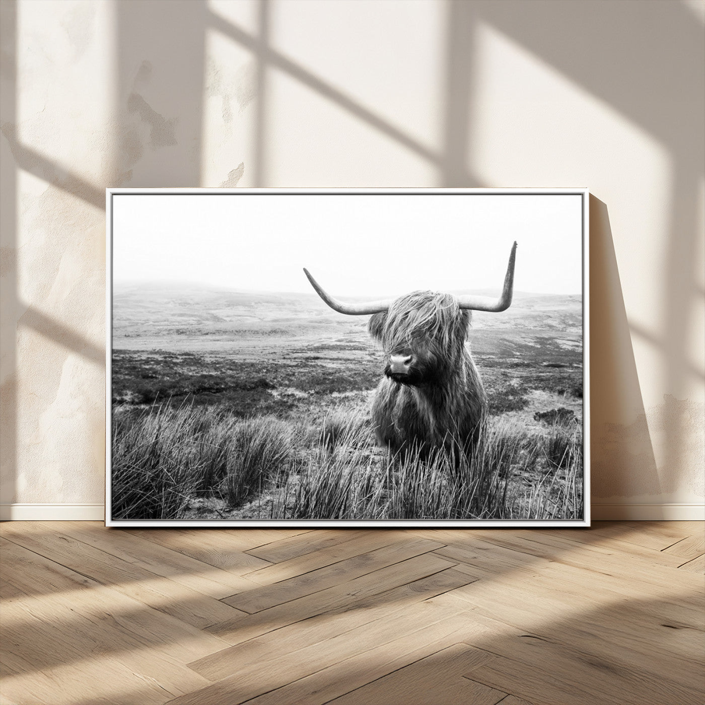 MGV-FC-36X24 - Scottish Highland Cow Wall Art | Black and White Canvas Print | Ready to Hang and Framed | Rustic