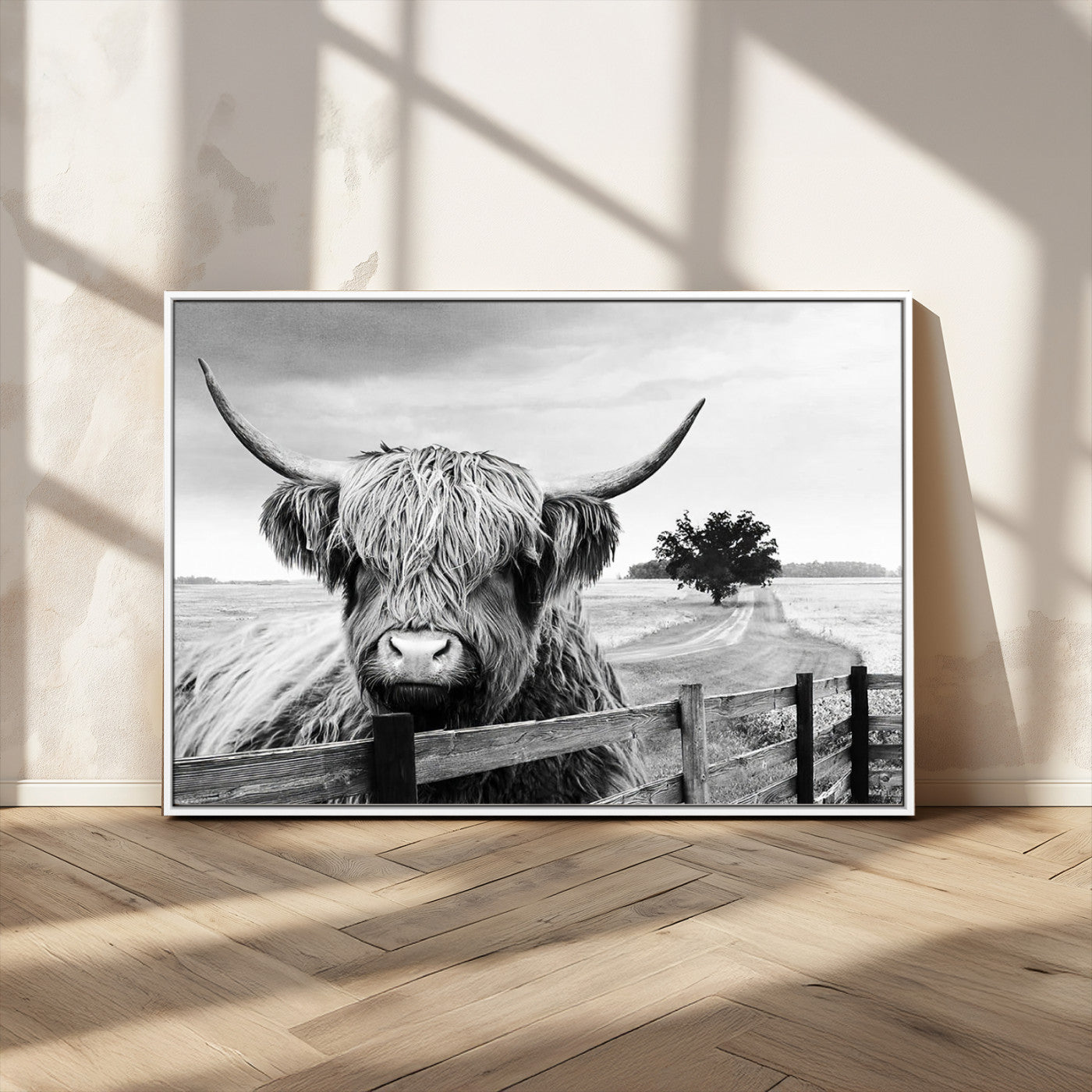 MGV-FC-36X24 - Scottish Highland Cow Wall Art | Rustic Farmhouse Décor | Black and White Ready to Hang Canvas Print