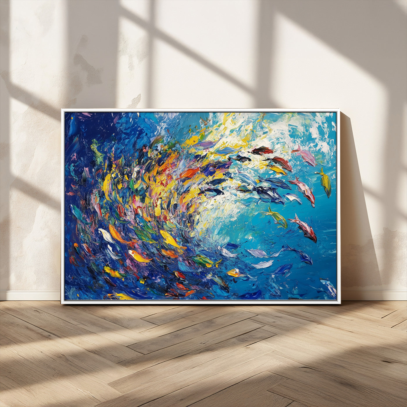 MGV-FC-36X24 - Colorful Swirling Fish School Wall Art Canvas Print | Oceanic Abstract Painting | Ready to Hang |