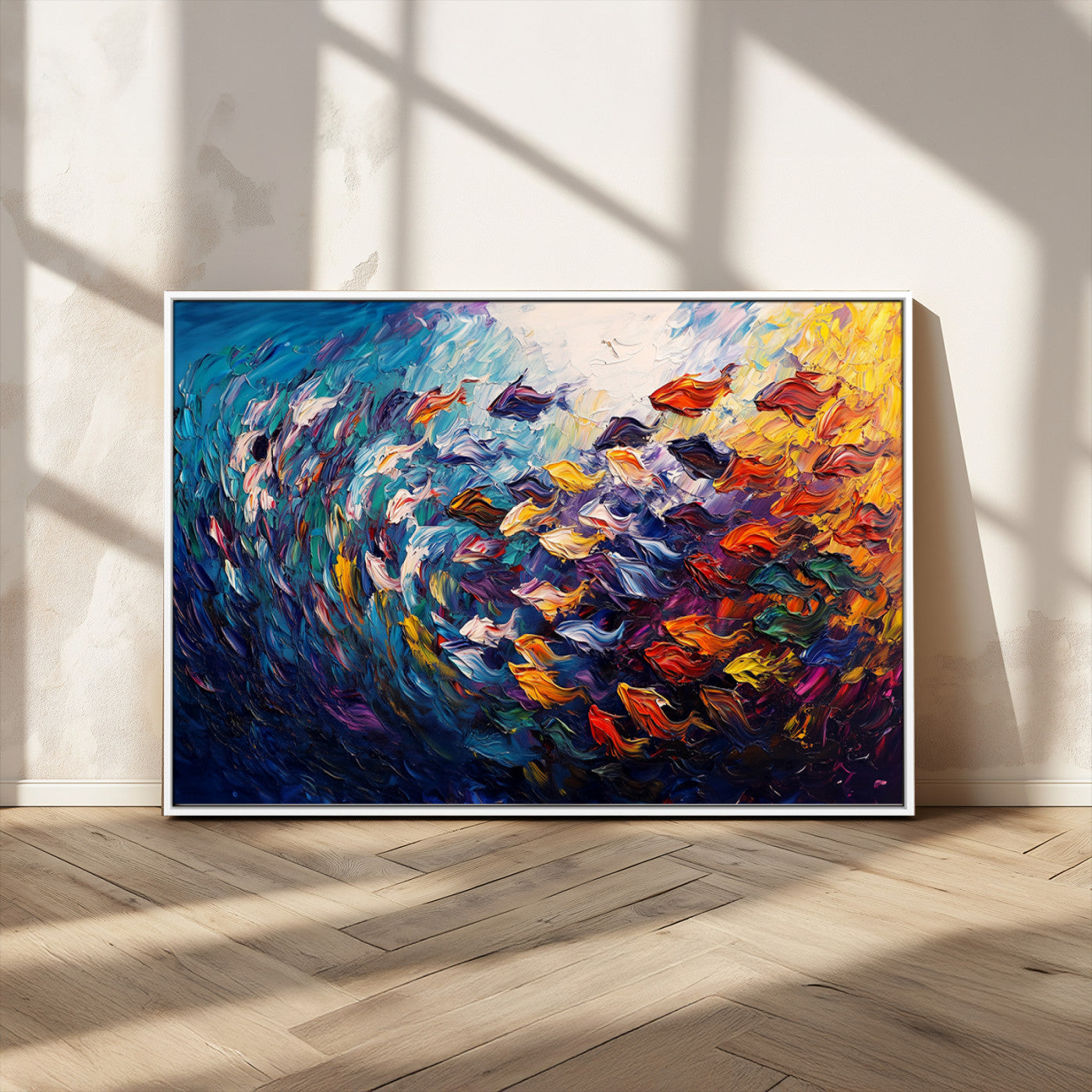 MGV-FC-36X24 - Vibrant Abstract Fish Swarm Art – Colorful Fish Inspired 3-Piece Canvas Wall Art for Living Room or