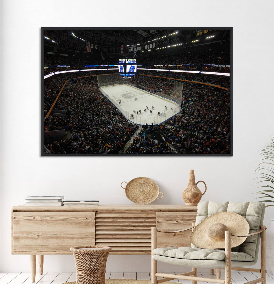 The wall art captures the essence of a Buffalo Sabres game on ice at KeyBank Center, making it deserving of a premium canvas print.