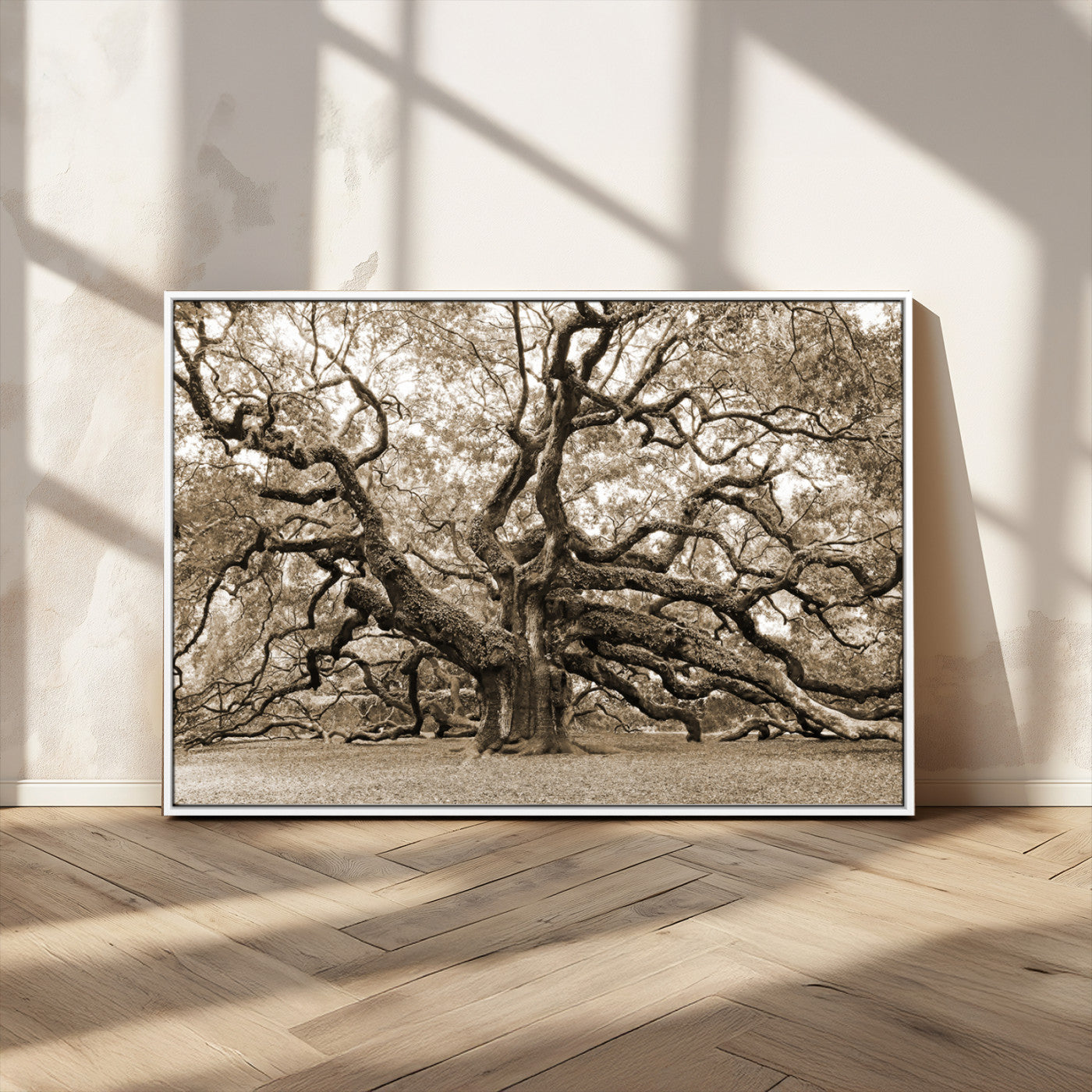 51126-MGV-CV-36X24-Sepia Framed Angel Oak Tree Wall Art - 3-Panel Canvas Prints, Large Green Nature Artwork, Ready to