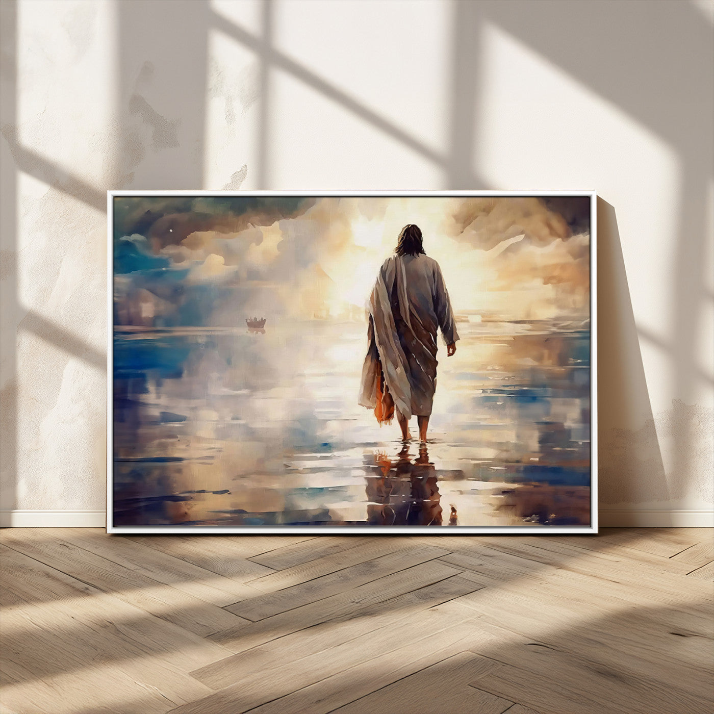 MGV-FC-36X24 - Jesus Walking on Water Wall Art | Ready to Hang Spiritual Triptych Canvas Print | Inspirational