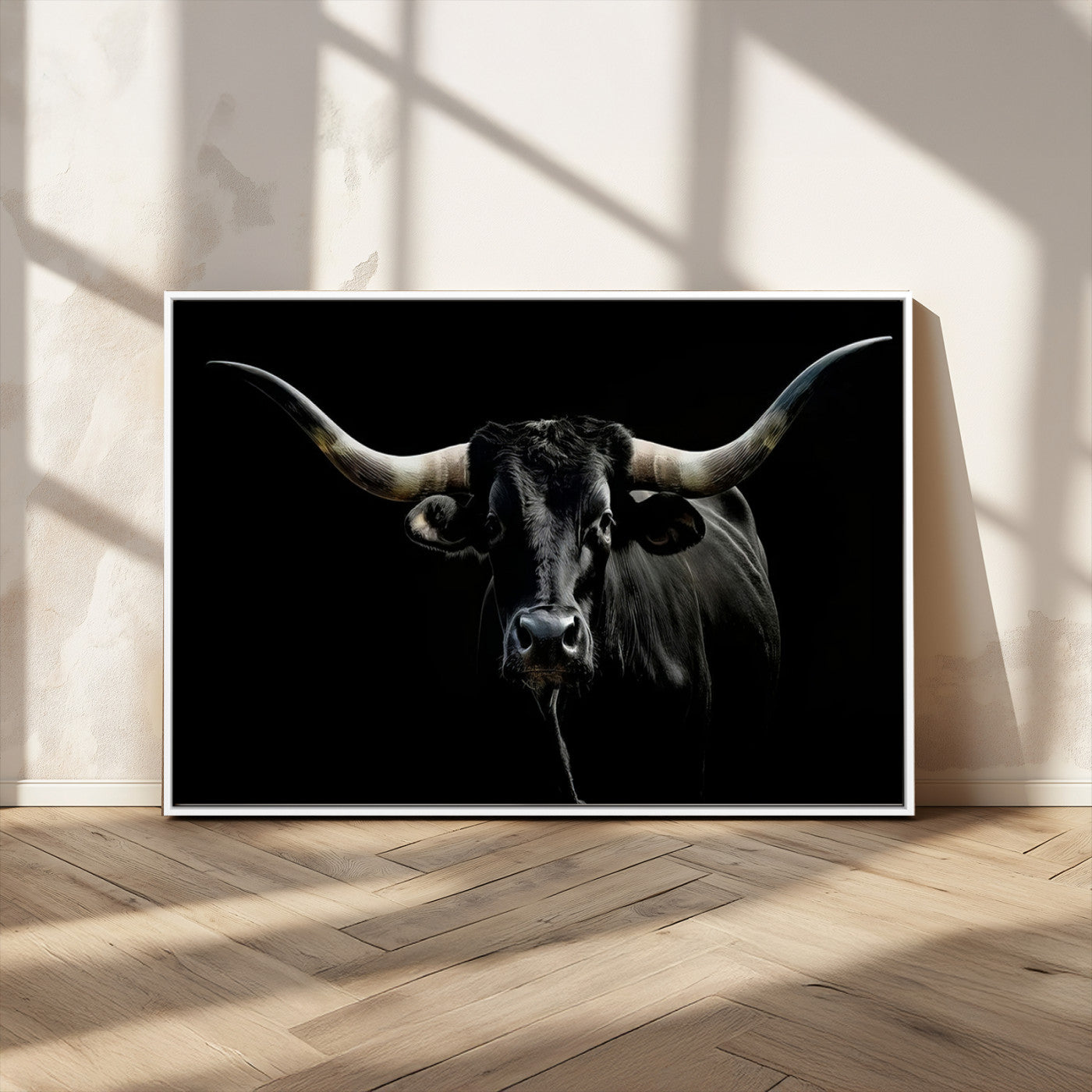 MGV-FC-36X24 - Texas Black Longhorn Bull Wall Art Canvas Print - Western Texas Cattle Rustic Decor Print - Longhorn
