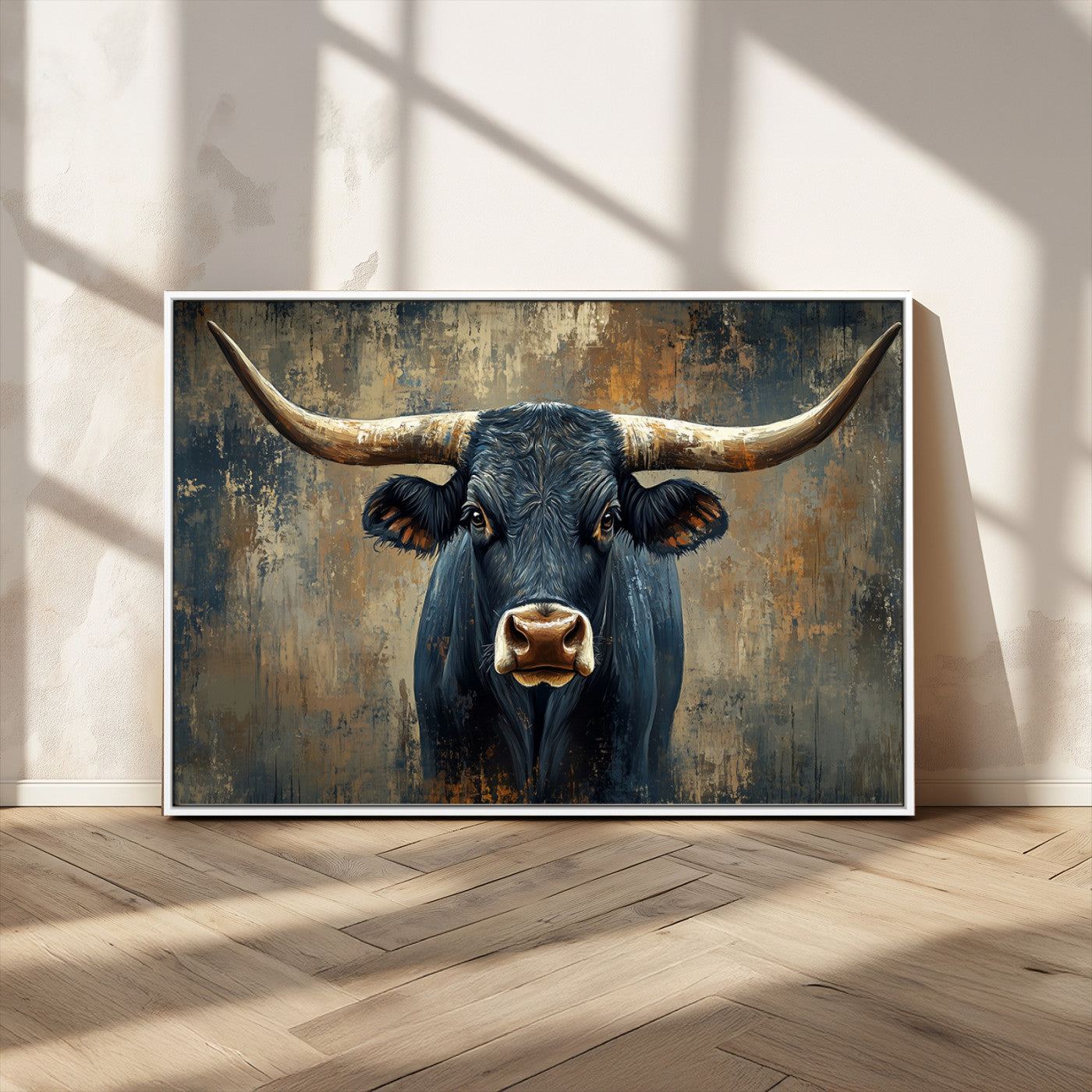 MGV-FC-36X24 - Texas Western Wall Art Canvas Print - Abstract Cow Longhorn Bull Wall Art Canvas Print - Rustic Cow