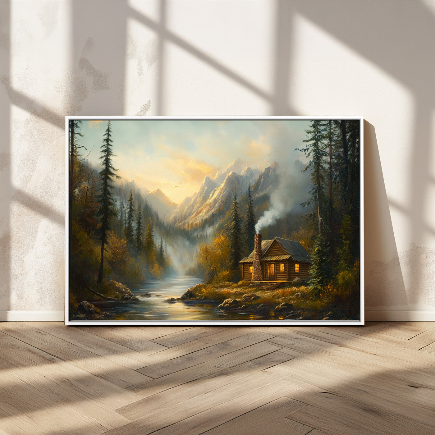 MGV-FC-36X24 - Wood Cabin Retreat Mountain at Sunset Wall Art Print - Serene Forest and River Landscape Wall Art