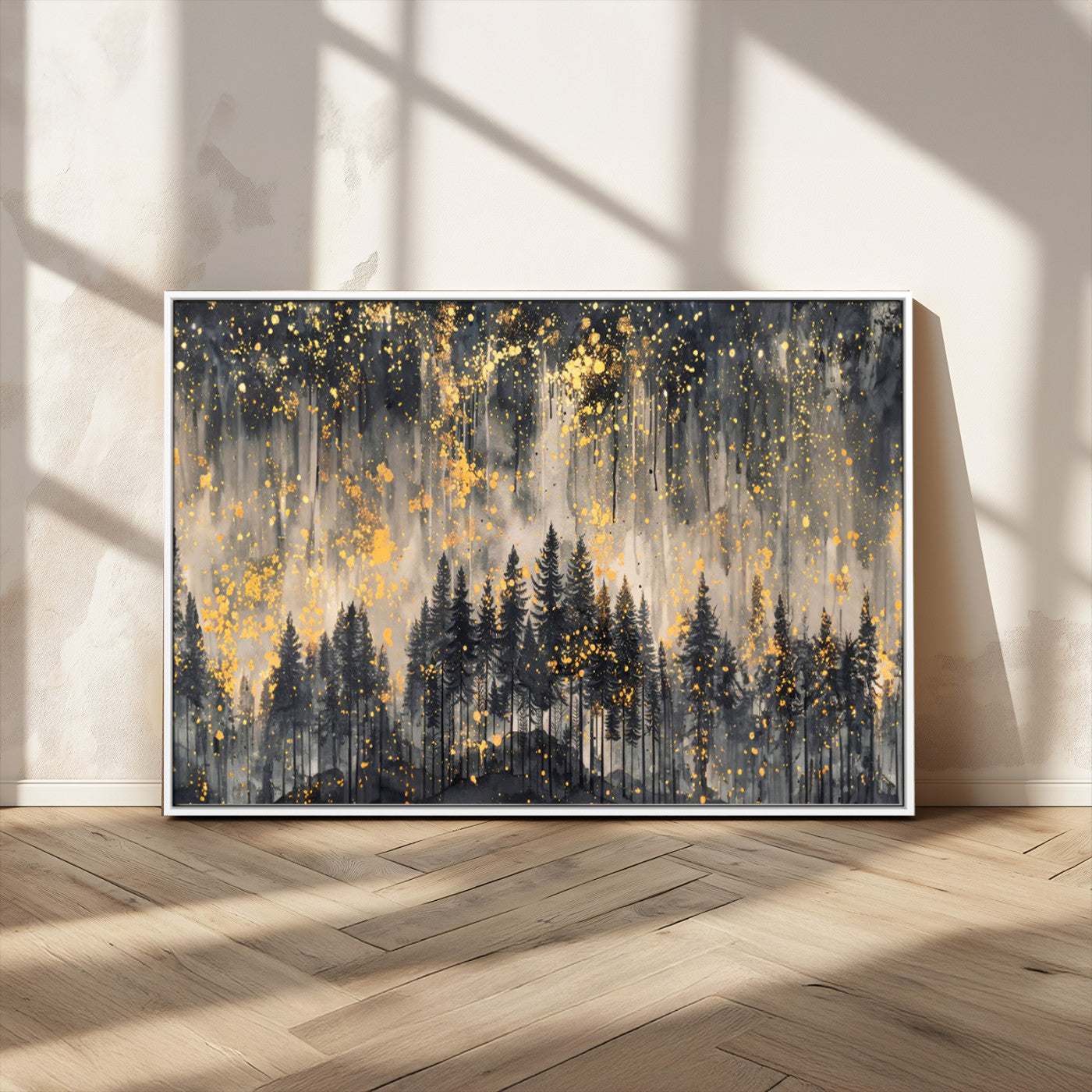 MGV-FC-36X24 - Golden Forest Abstract Wall Art | Dark Forest with Gold Splatter Accents | Triptych Ready to Hang