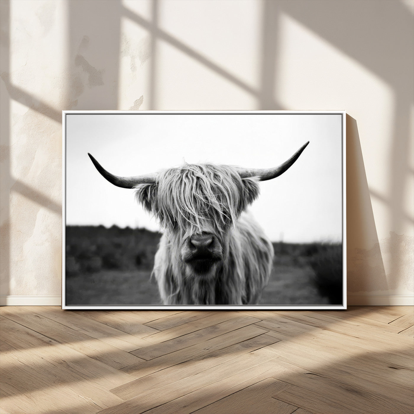 MGV-FC-36X24 - Highland Cow Wall Art | Black and White Farmhouse Decor | Triptych Canvas Print | Rustic Barn Decor