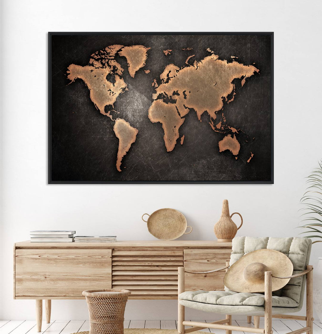 Maroon World Map Wall Art: Copper continents on a grunge-stained canvas, ideal for enhancing your decor.