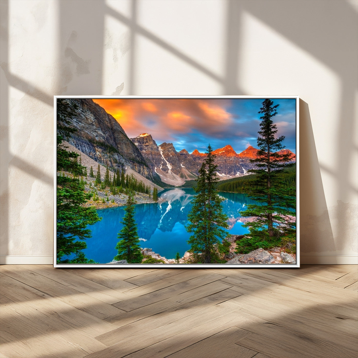 MGV-FC-36X24 - Canadian Rockies Moraine Lake Wall Art Canvas Print, Pine Trees Mountain Spring Canvas Print