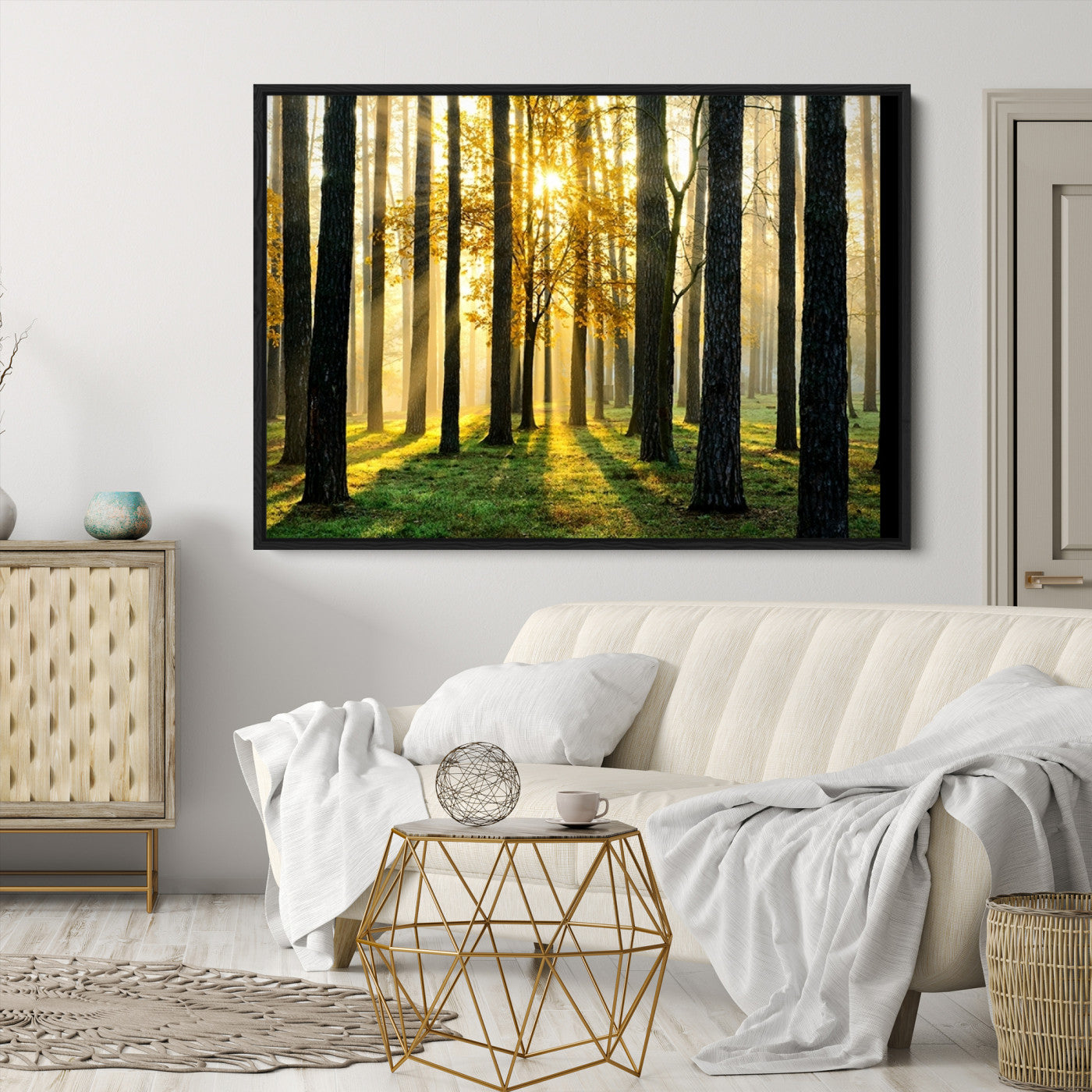 60024-MGV-CV-36X24-Sunlit Forest Wall Art Canvas Print - Large Framed Woodland Wall Art for Home or Office Decor, Rustic Nature Scene with Golden Light