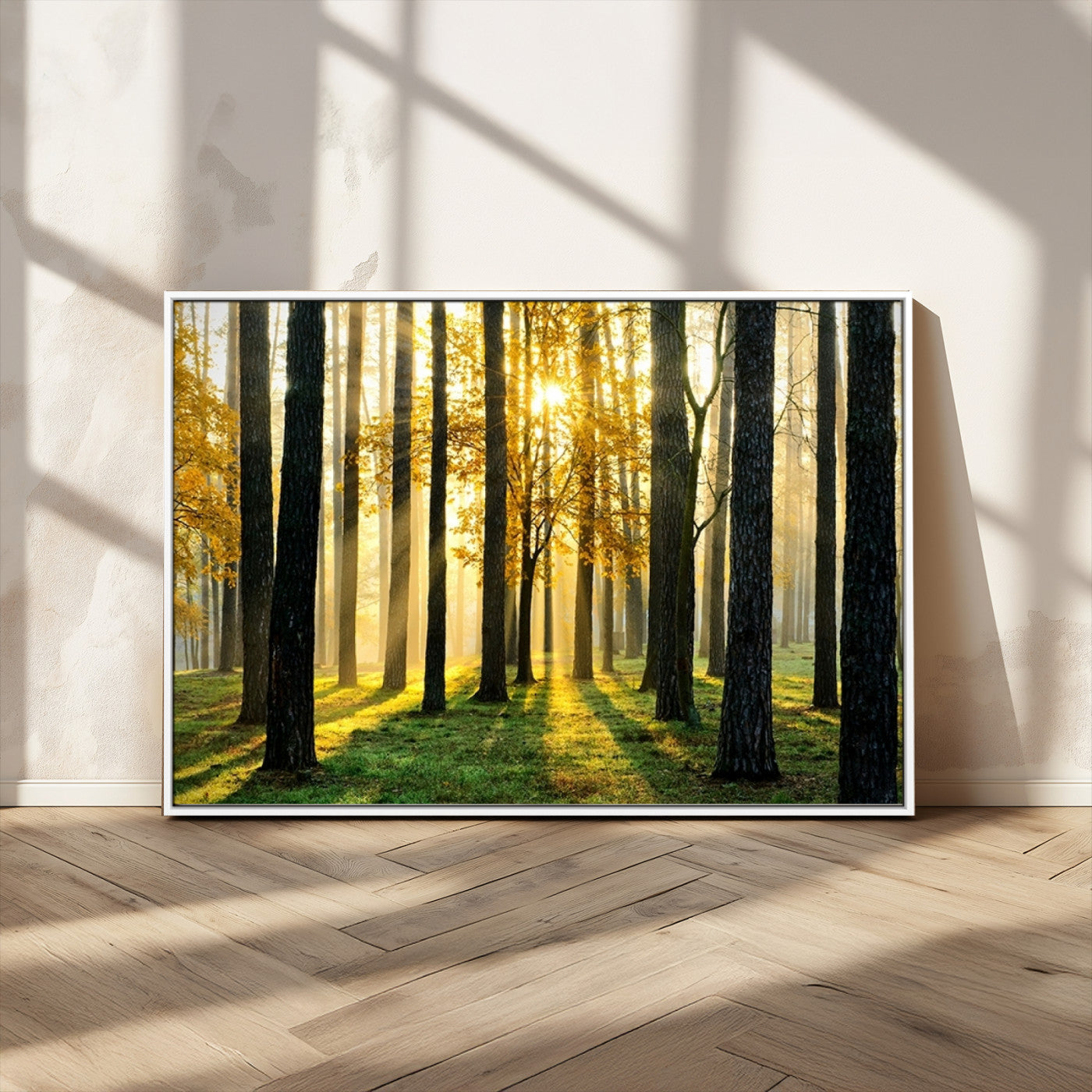 MGV-FC-36X24 - Sunlit Forest Canvas Wall Art – Serene Woodland Triptych Landscape Print – Nature-Inspired Decor for