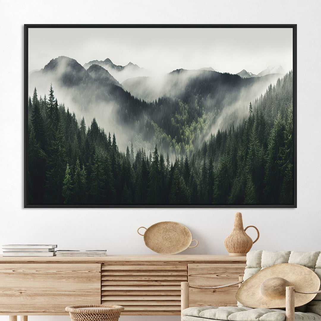 The Misty Forest Canvas Print Wall Art captures a serene misty forest scene with fog and mountains.