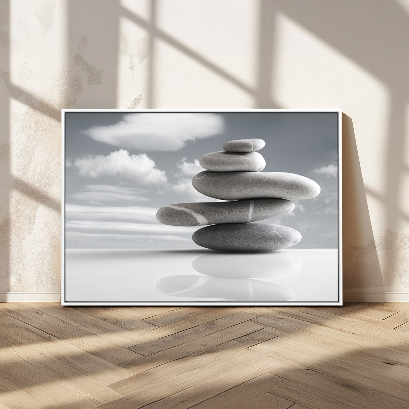 MGV-FC-36X24 - Still Life Black and White Zen Stones Wall Art Canvas, Framed Black and White Zen Stones Canvas