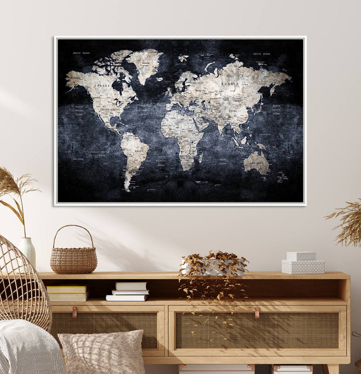 Rustic Black and Bronze World Map Canvas Triptych features white continents on a grunge-stained background.