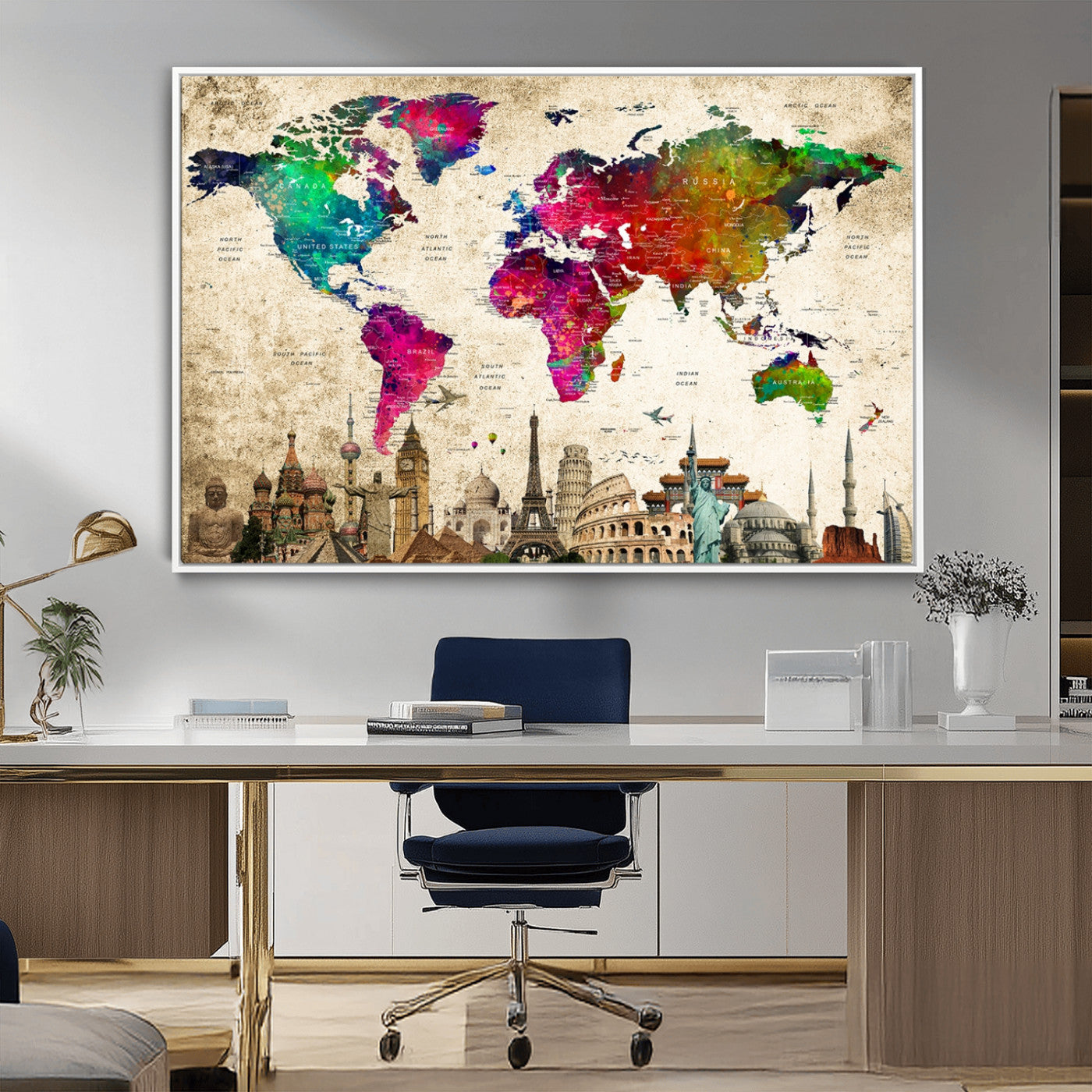 MGV-FC-36X24 - Push Pin World Map Canvas Print – Framed Wall Art for Couples to Track Their Travels – Anniversary